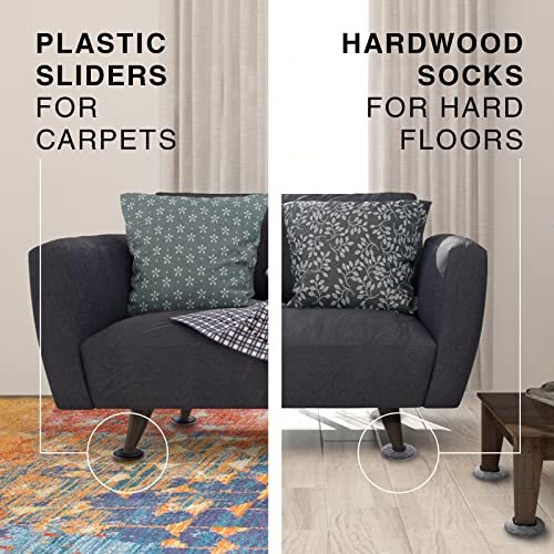 Furniture Sliders X-PROTECTOR - 8+8 Pack 3 1/2” - Multi-Surface Furniture Sliders for Carpet & Hard Floors - 8 Furniture Movers for Carpeted Floors and 8 Hardwood Socks - Move Your Furniture Easily!