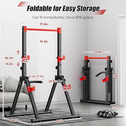 soges Foldable Power Tower, Pull Up Dip Station for Home Gym, 500 LBS Capacity Power Tower with Triangular Design, Adjustable Height Pull Up Bar for Full Body Workout - color: Red