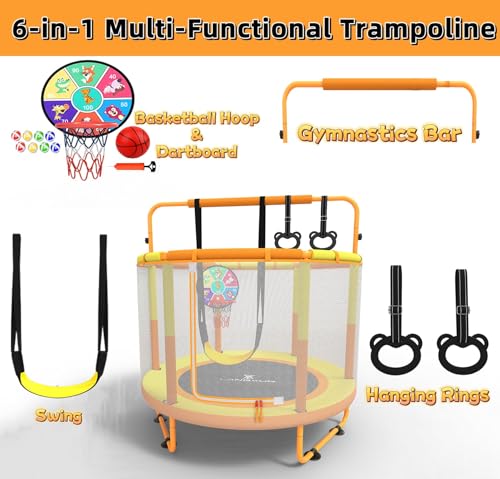 60" 6-in-1 Kids Trampoline, 5ft Mini Toddler Trampoline for Girls Boys - color: Orange&Yellow 6-in-1