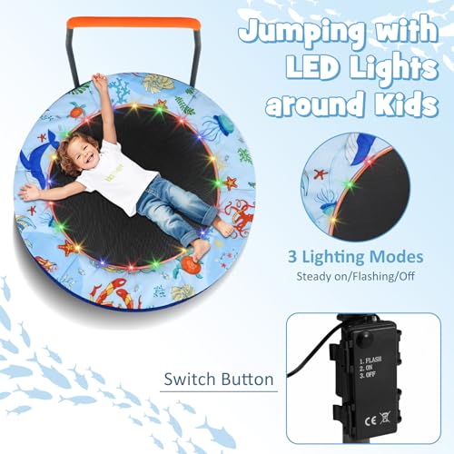 GYMAX 36” Toddler Trampoline with Lights, Folding Springless ASTM Approved Small Kids Rebounder with Foam Handle, Safety Padded Cover & Foldable Legs, Mini Indoor Baby Trampolines - color: Light Blue