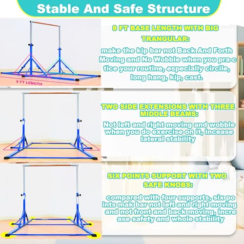 MARFULA Gymnastic Kip Bar for Kids Teens Ages 3-25 of All Gymnastic Levels - color: Blue (Bar with Mat - 8 Ft Base)