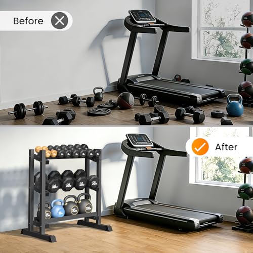 3-Tier Dumbbell Rack, 1100LBS Capacity Adjustable Weight Rack, Heavy-Duty Weight Stand for Dumbells & Kettlebells, Compact Weight Storage Organizer for Home Gym (Rack Only)