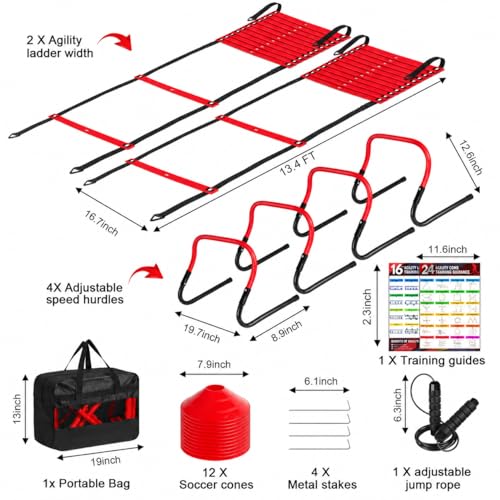 2 Pack Agility Ladder, Soccer Speed Training Equipment Set with Total 26 ft Agility Ladder, 12 Cones, 4 Adjustable Hurdles, Jump Rope, for Soccer, Basketball, Football, Kids, Youth, Adults - color: 4.Red