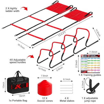 2 Pack Agility Ladder, Soccer Speed Training Equipment Set with Total 26 ft Agility Ladder, 12 Cones, 4 Adjustable Hurdles, Jump Rope, for Soccer, Basketball, Football, Kids, Youth, Adults - color: 4.Red