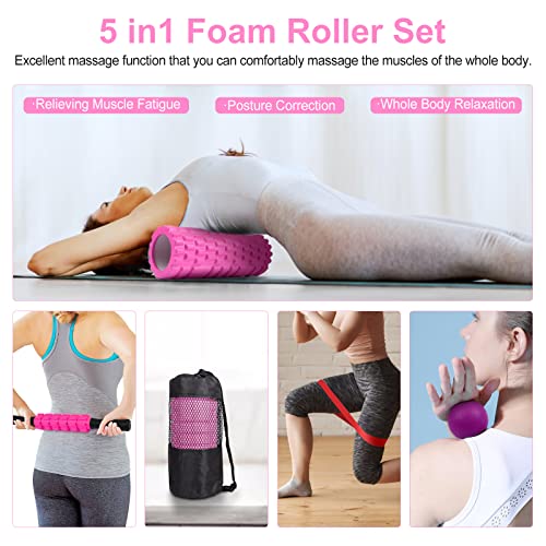Aucuu 5 in 1 Foam Roller Set Includes Hollow Core Massage Roller, Yoga Stick, Massage Ball, Fitness Stretching Strap, Carrying Bag, Towel, Massage Roller (Pink) - color: Pink