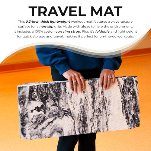 Travel Workout Mat – 0.3" Thick Folding Exercise Mat for Yoga, Pilates, & Fitness – Non-Slip with Cotton Carrying Strap, Made with Sustainable Algae Foam – 24" x 72" (Black Marbled)