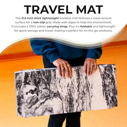 Travel Workout Mat – 0.3" Thick Folding Exercise Mat for Yoga, Pilates, & Fitness – Non-Slip with Cotton Carrying Strap, Made with Sustainable Algae Foam – 24" x 72" (Black Marbled)