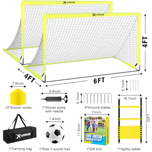 Kids Soccer Goals for Backyard Set of 2, 4 x 3 ft/6 x 4 Toddler Soccer Goal Training Equipment with Soccer Ball, Cones, Pop Up Soccer Net for Kids Age 3-5 4-6 6-8 8-12 10-12 Outdoor Games Sports Gifts