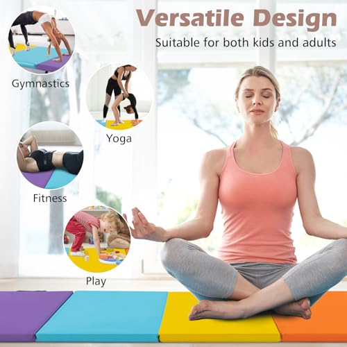 Goplus Gymnastics Mat, 6'x4' 3-Panel/6.6'x2.5' 5-Panel Folding Tumbling Mat w/Carrying Handles, Hook&Loop Fastener, Portable PU Leather Rainbow Exercise Mat for Home Gym Aerobics Yoga - color: 5-Panel,5 Color