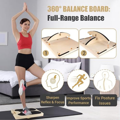 3-in-1 Slant Board & 180°/360° Balance Board, Portable 6 Angle Adjustable Calf Stretcher with Training Poster, Anti-Slip 300LBS Wobble Board for Physical Therapy, Standing Desk & Core Strength