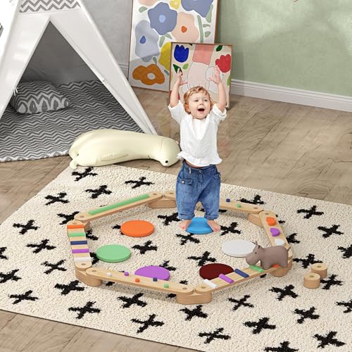 Qaba Kids Balance Beam, Wooden Balance Board with Stepping Stones, Gymnastics Obstacle Course for Toddlers 3-8 Years for Motor Skills Coordination, Indoor Outdoor Use