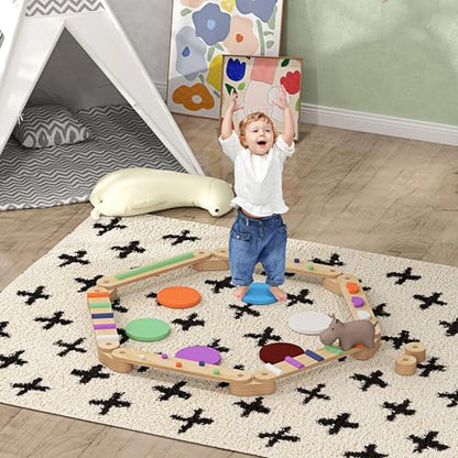 Qaba Kids Balance Beam, Wooden Balance Board with Stepping Stones, Gymnastics Obstacle Course for Toddlers 3-8 Years for Motor Skills Coordination, Indoor Outdoor Use