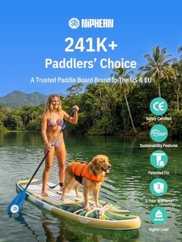 Niphean (Extra Large) Inflatable Paddle Board, SUP for 2+1 People/Family 500lbs Capacity Stand Up Paddle Board with SUP Accessories, StabilTrac Fin Non-Slip Paddleboard for Adults - color: Glass Green