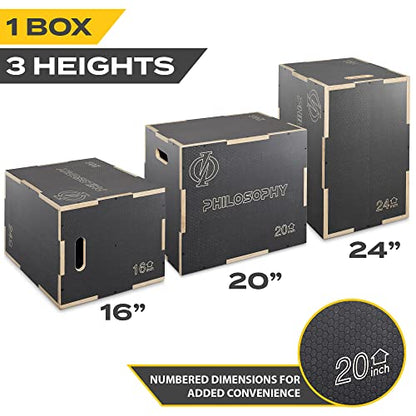 Philosophy Gym 3-in-1 Non-Slip Wooden Plyo Box, Wood Plyometric Jump Box Platform for Home Gym, HIIT, Step-Ups, and Strength Training