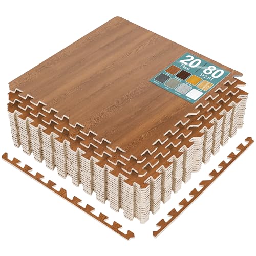 Sorbus 80 Sq. Ft. Wood Grain Floor Tiles Foam Mat EVA Interlocking Mats Tile 3/8-Inch Thick Flooring Wood Puzzle Exercise Mats w/Borders - Home Playroom Basement, Apartment, Trade Show, Baby, Dance - color: Pine, size: 20 Pack
