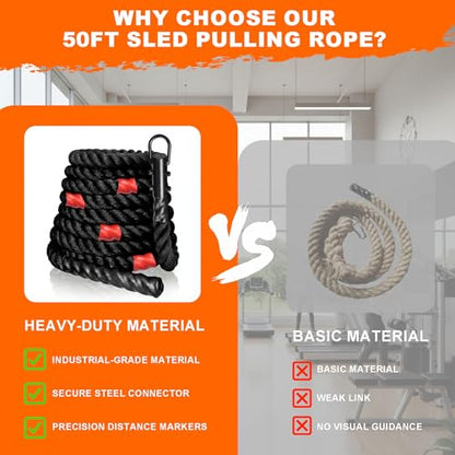 50FT Weighted Sled Pull Rope with 3m Distance Markers - Heavy-Duty Braided Polyester Training Rope for Functional Strength & Conditioning Workouts