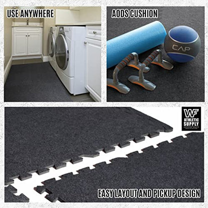 WF Athletic Supply Carpet Top EVA Foam Floor Tiles, Black Carpet Texture Surface Puzzle Interlocking Mats for Home Gym, Kids Room & Living Room; 24-inch x 24-inch x 12-mm per Tile