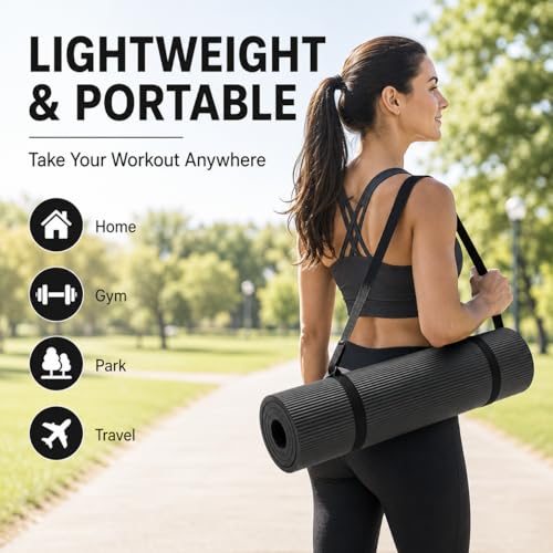 Non Slip Yoga Mat, Extra Thick TPE Exercise Mats for Home Workout with Carrying Strap, Durable Anti-Tear Fitness Mat for Pilates Stretching Gym - color: Red