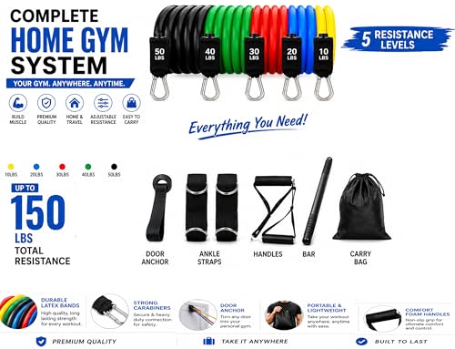 Resistance Bands Set with Steel Bar - 5 Tube Bands, Door Anchor, Handles, Ankle Straps & Carry Bag, Full Body Home Gym Kit