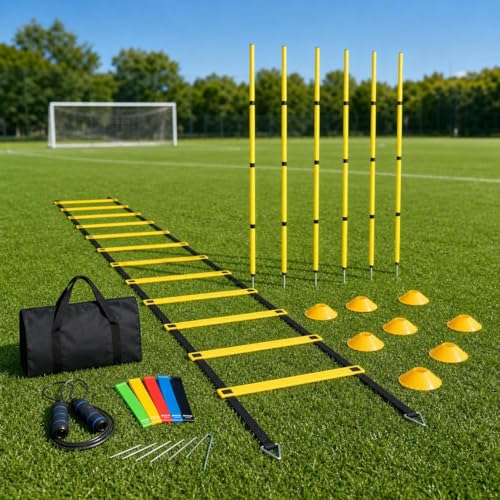 Exercise Bands & Workout Equipment Set, 5 Resistance Bands, Agility Ladder, Speed Rope, 10 Cones, Carrying Bag, Home Gym for Women