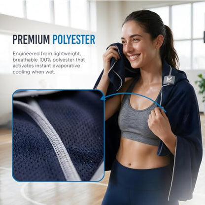 MISSION Cooling Hoodie Towel, Evaporative Cool Technology, Cools Instantly When Wet, UPF 50 Sun Protection, Contours Your Head to Stay in Place, Great for Sports, Fitness, Gym - color: Navy Blue
