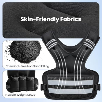 Adjustable Weighted Vest, 11-18lb Weight Vest for Women and Men with 6 Iron Sand Bags, Reflective Stripes and Phone Pocket for Running, Walking