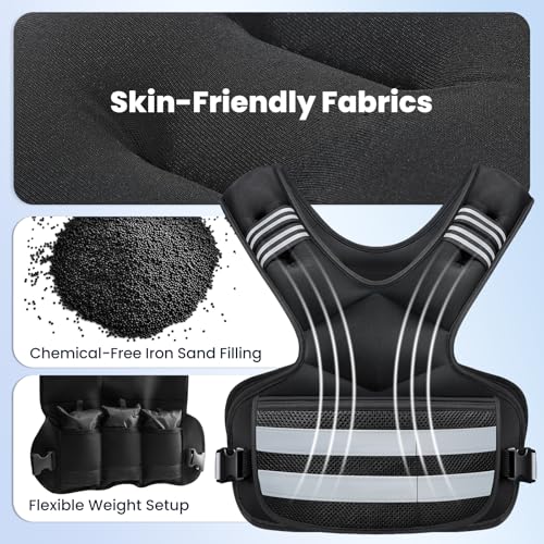 Adjustable Weighted Vest for Women and Men, 4-11lb/11-18lb/20-32lb Removable Weights Rucking Vest with 6 Ironsand Bags, Phone Pocket and Reflective Stripes for Running, Walking and Strength Training