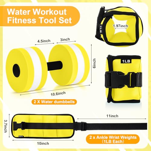 Hollowfly Water Aerobics Set, 4 Piece Pool Exercise Kit (2 Aquatic Dumbbells + 2 Ankle/wrist Weights), EVA Foam, Low-impact Workout - color: Neon Yellow, size: 1lb