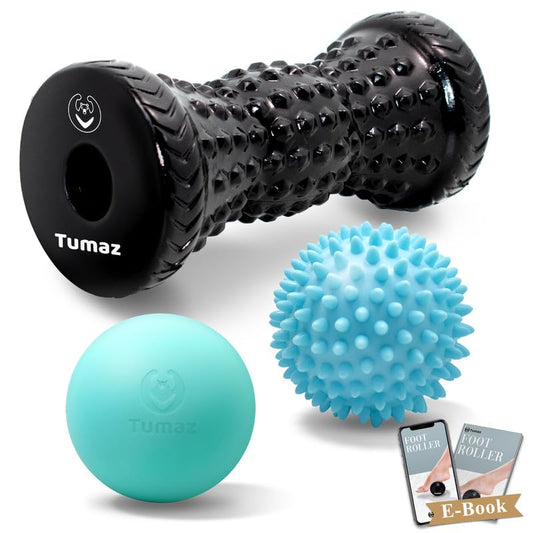 Tumaz Massage Ball & Foot Roller 3-in-1 Set with Spiky Ball, Lacrosse Ball, Massage Roller - Ergonomic Design to Relieve Plantar Fasciitis for Deep and Superficial Muscle Pain - color: Diamond(black) 3-piece Set