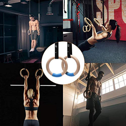 Gymnastics Rings Wooden Olympic Rings 1500/1000lbs with Adjustable Cam Buckle 14.76ft/9ft Long Straps with Scale Non-Slip Gym Rings for Home Gym Full Body Workout