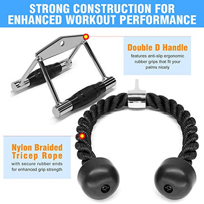 Yes4All Cable Machine Attachment, Row Handles, Tricep Rope, Straight Bar, V Bar, LAT Pulldown Accessories Load 880 LB for Home Gym - color: B. Double D Handle + TricepRope