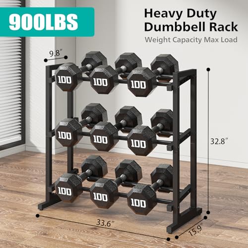 3 Tier Adjustable Dumbbell Rack, 33.6-Inch Weight Rack for Home Gym, Extended Base kettlebell holder for Home Gym, Space-Saving Dumbbell Stand - 900LBS Capacity (Rack Only)