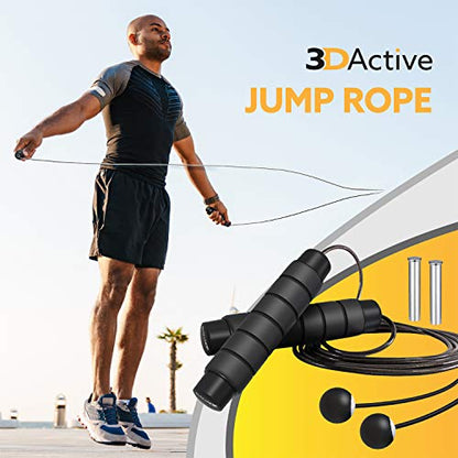 3DActive Jump Rope, Tangle-Free Adjustable Skipping Rope with Ball Bearings. Perfect for Home Workouts, Cardio Exercise & Burning Calories. Cordless Jump Rope, Handle Weights & Carry Bag Included - Black