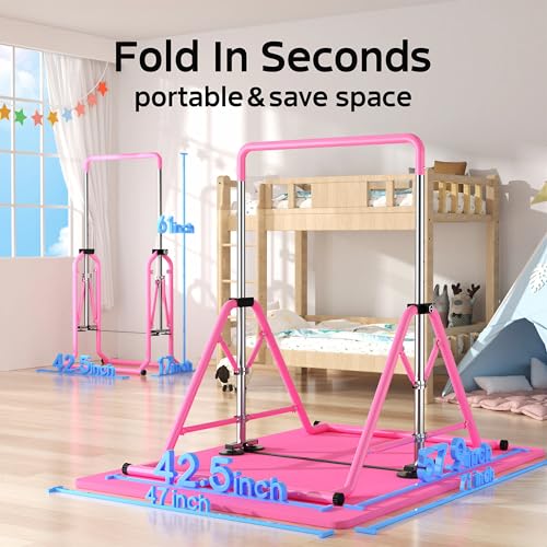 Expandable Kids Gymnastics Kip Bar - Upgraded Dual Base, Folding Adjustable Height 44''-60'', 350LBS Weight Limit, Anti-Slip Suction Feet, Home Training Bar for Kids Ages 3-13 (Pink) - color: Pink with rings and mat