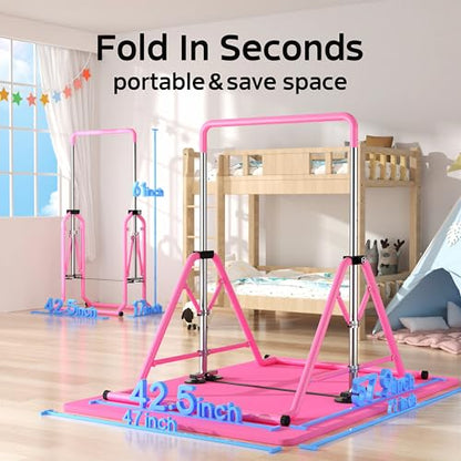 Expandable Kids Gymnastics Kip Bar - Upgraded Dual Base, Folding Adjustable Height 44''-60'', 350LBS Weight Limit, Anti-Slip Suction Feet, Home Training Bar for Kids Ages 3-13 (Pink) - color: Pink with rings and mat