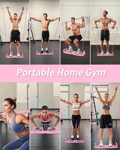 Home Gym Exercise Equipment - Portable Workout System 17 Fitness Accessories 9 in1 Push Up Board Set, Resistance Bands with Pilates Bar Strength Training Abs Shoulders