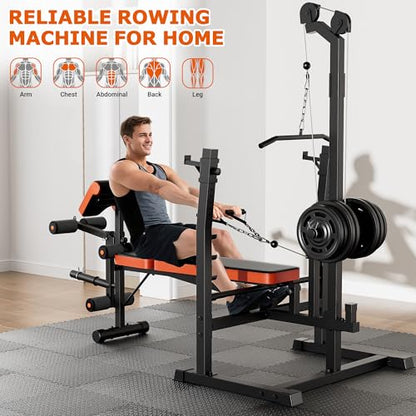 9-in-1 Adjustable Olympic Weight Bench with Lat Pulldown, Row, Squat Rack & Leg Curl – Multi-Function Strength Training Bench Press for Home Gym Full Body Workout