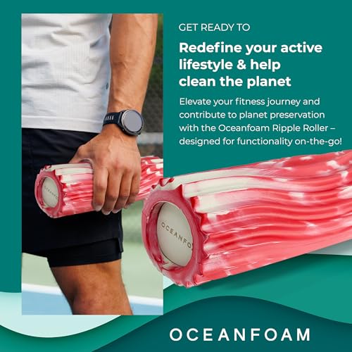 Ripple Travel Foam Roller (11" x 3.35") Firm Mini Foam Roller for Physical Therapy, Deep Tissue Massage, Back Pain - High Density, Ergonomic Wave Textured - Yoga, Exercise (Red Marbled)