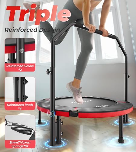 BCAN SP3 40/48" Exercise Rebounder Trampoline for Adults, Handlebar, Indoor - color: 40IN-U-Handle-Red