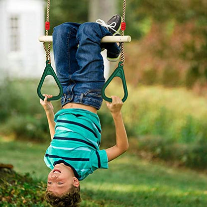 Trapeze Swing Bar with Rings, Wooden Trapeze Swing Bar with Plastic Gym Rings Adjustable Rope, Locking Straps, Outdoor Swing Set Playground Accessories for Kids (Green)