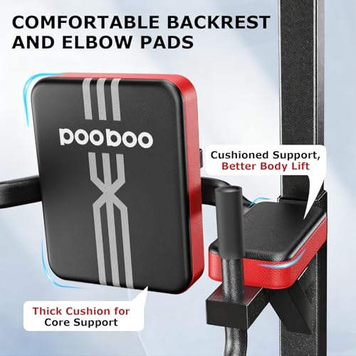 Pooboo Power Tower Dip Station Pull Up Bar for Fitness Home Gym Workout,450 Pounds Multi-Function Adjustable Height Fitness Strength Training Exercise Equipment,with Power Elastic Ropes - color: Black Red-02