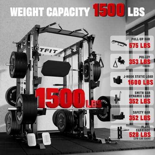 RitFit Buffalo Smith Machine, Power cage with LAT-Pull Down System & Cable Crossover System, All-in-One Squat Rack for Home Gym, Power Rack - color: BLACK, size: Package(With BP370)