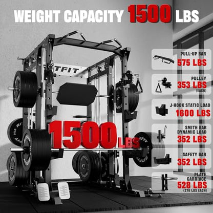 RitFit Buffalo Smith Machine, Power cage with LAT-Pull Down System & Cable Crossover System, All-in-One Squat Rack for Home Gym, Power Rack - color: BLACK, size: Package(With BP370)