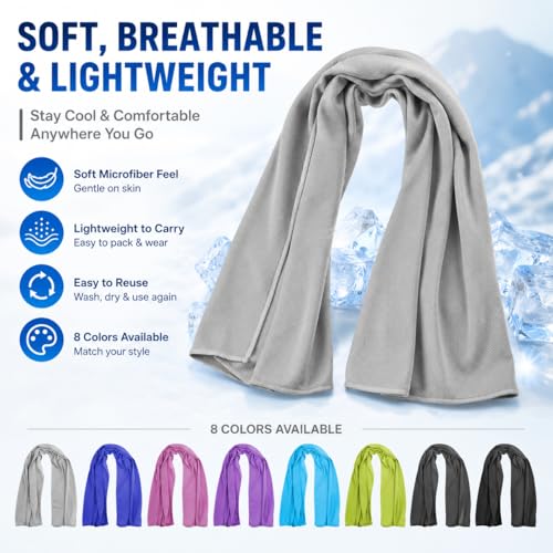 Large Cooling Towel for Neck and Face, 43.3 x 15.7 in, Light Gray - color: Light-gray