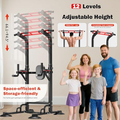 DlandHome Pull Up Bar Power Tower Dip Station, Height Adjustable Heavy Duty Workout Dip Stand, Multi-Functional Strength Training Machine for Men Women Home Gym - color: Black with Ropes