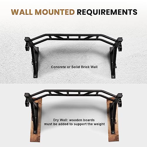Multifunctional Wall Mounted Pull Up Bar with Pulley System, 48" and 16"/24" Multi-Grip Chin Up Bar, Cable Pulley Attachments Included, Perfect for Upper Body Workouts