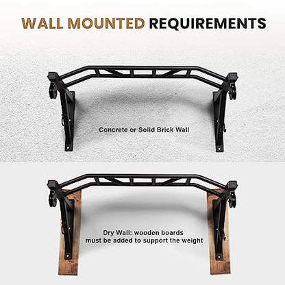 Multifunctional Wall Mounted Pull Up Bar with Pulley System, 48" and 16"/24" Multi-Grip Chin Up Bar, Cable Pulley Attachments Included, Perfect for Upper Body Workouts