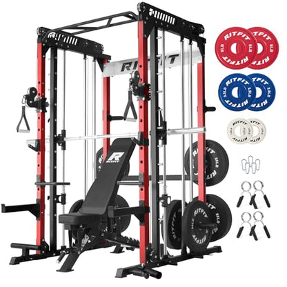 RitFit M1 Pro Smith Machine Cable Crossover Power Cage Home Gym - color: RED, size: M1 PRO (With BP370)