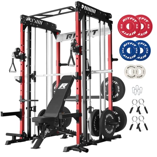 RitFit M1 Pro Smith Machine Cable Crossover Power Cage Home Gym - color: RED, size: M1 PRO (With BP370)