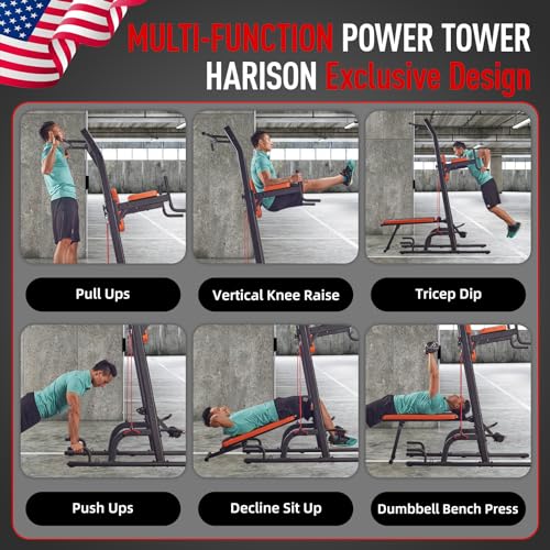Multifunction Power Tower with Bench, Heavy Duty Pull Up Bar Dip Station for Home Gym Workout Strength Training Fitness Equipment